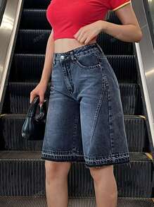 Women's Casual Washed Loose Pocket Rib Detail Mid-Length Denim Shorts