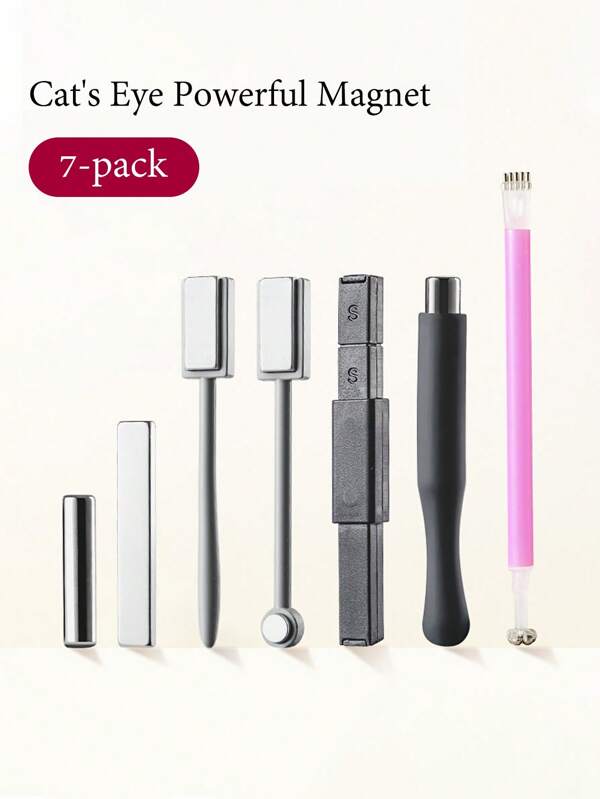 7pcs/Set Cat Eye Gems & Strong Magnet Dual-Ended Cylinder Magnetic Nail Art Tools, Suitable For Nail Salons And Individual Users