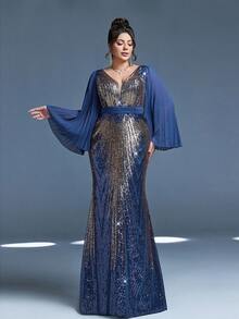 Mgialcy V-Neck Chiffon Long Sleeve Splice Placement Floral Sequined Sexy Fitted Mermaid Dress