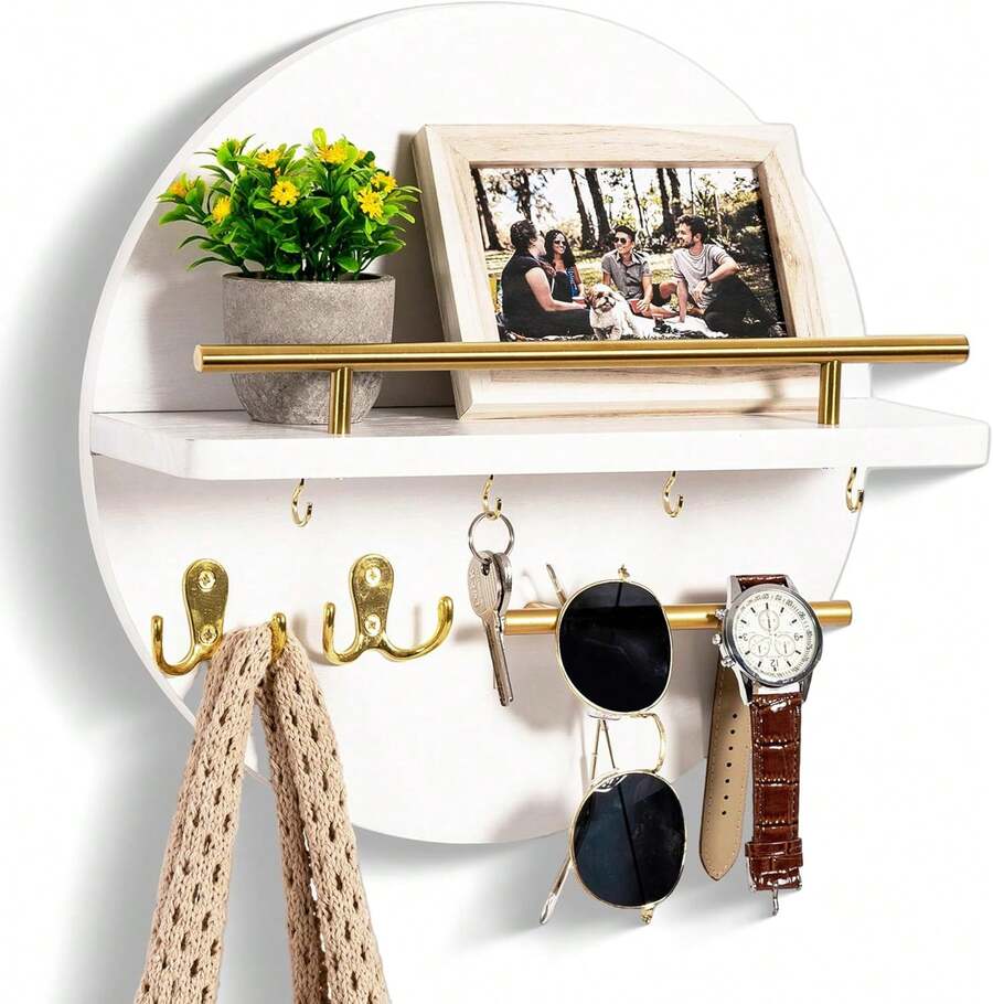 Home Key Holder, Wall Key Holder, Wall Mounted Entryway Organizer, Decorative Key And Mail Organizer With Hooks, No Drilling Required, Living Room Decorations Wall Mounted Mail Organizer With Sunglasses Holder, Round Entryway Key Holder Hook, Rustic Home Decor, Bohemian Wall Decor (White) - 白色 - 查看 1