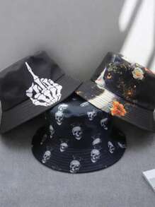 Sombrero de cubo reversible con estampado de cráneo de gato negro, unisex, adecuado para uso diario, disfraz de Halloween, vacaciones en pareja, protección solar