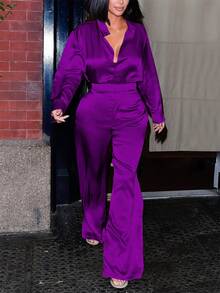 Conjunto de 2 piezas Blusa y pantalones de mujer de unicolor elegante, para otoño