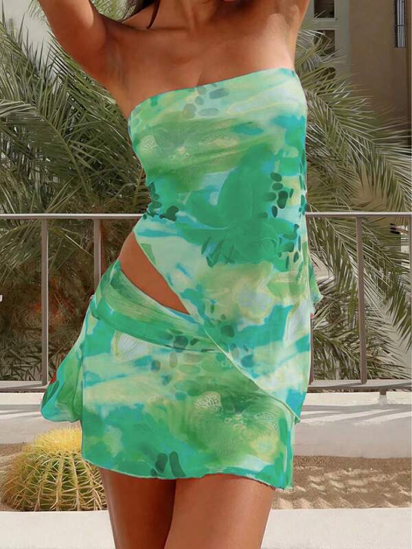 2 Stück/Set 2025 Y2K Baddie asymmetrischer Saum Röhren Crop Top und Mini Rock Blumenprint Set, Sommer