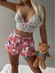 Sanrio Zestaw 2 koszulek Hello Kitty z koronką i głębokim dekoltem w serek + szorty z elastycznym pasem i kwiatowym wzorem - Biały - Zobacz 1