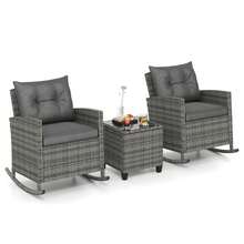 Set Of 3 Wicker Rocking Set Patio W/ Tempered Glass Table & Soft Cushions - Grey - View 1