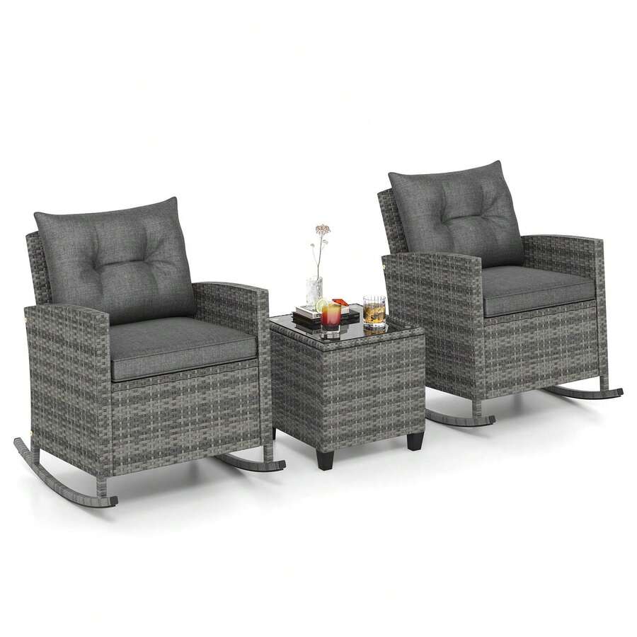 Set Of 3 Wicker Rocking Set Patio W/ Tempered Glass Table & Soft Cushions - Grey - View 1