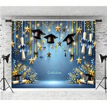 1 pieza de Tela con diseño de fondo de graduación de tema azul con estrellas doradas, flores de trigo y gorra de graduación, decoración para ceremonia de graduación, pancarta de fondo para fiesta de graduación, fondo fotográfico de retrato de vinilo - Multicolor - Ver 3