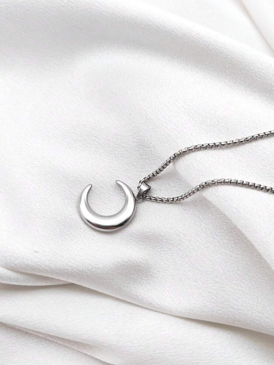 1pc Gold Stainless Steel Moon Pendant Necklace, Large Crescent Shape Hammered Design - Silver - View 1
