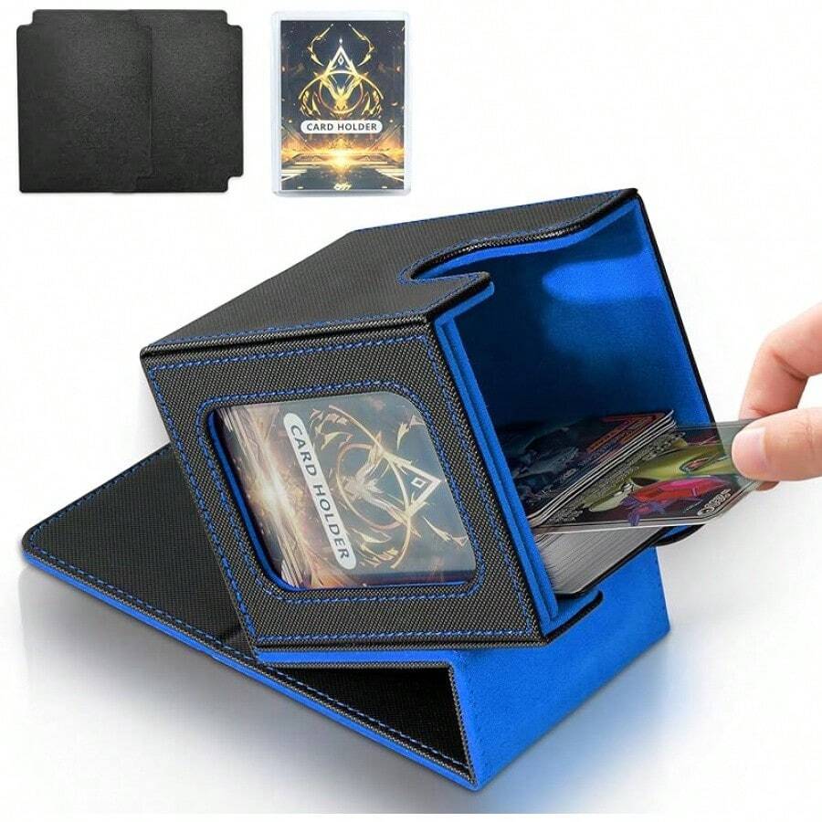 Magnetic Card Deck Box For TCG Storage, Holds 100 Double-Sleeved Cards - Black & Blue - View 1
