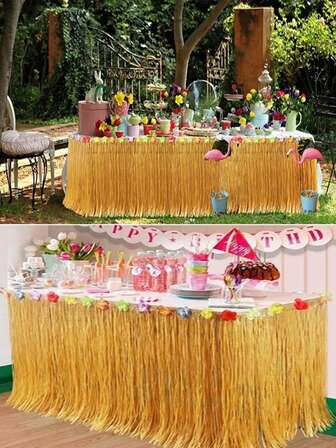 1pc Hawaiian Style Grass Table Skirt, Summer Party Dining Table Decoration, Floral Table Skirt, Beach Party, Pool Party, Home Party Table Decor