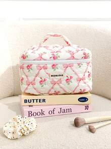 3pcs/1pc Quilted Bowknot & Rose Design Makeup Bag, Fashion Portable Cosmetic Pouch, Pink Makeup Case, Multi-Functional Organizer Bag, Large Capacity Cute Toiletry Bag, Travel Organizer, Mini Brush Holder Handbag, Printed Wash Bag For Lipstick, Brush, Skincare, Phone, Coins, Small Items, For Home, Gift, Holiday And Festival Like Halloween, Christmas