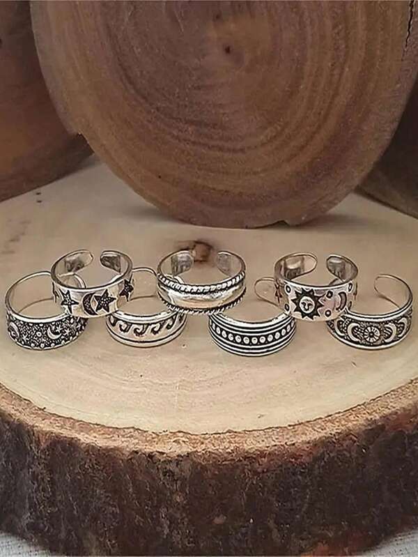 Set di 7 anelli da spiaggia in stile resort con motivi a stelle, lune, soli, onde e impronte di donna, in stile retrò