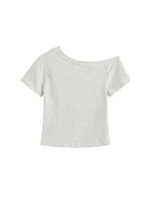 American Letter Printed Asymmetrical Shoulder Crop Top Tee Shirt, Slim Fit Summer Sexy Top For Women - Grey - View 5