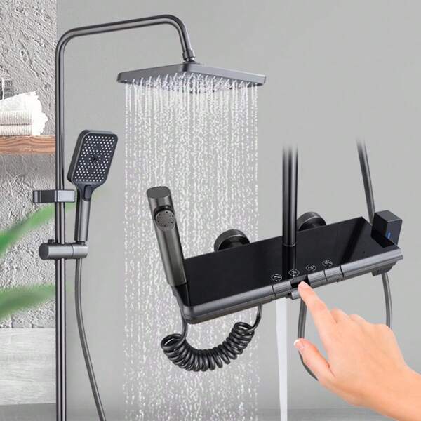 Ensemble de système de douche mural à 4 fonctions avec étagère de rangement, pomme de douche à effet de pluie, robinet de baignoire et ensemble de système de douche