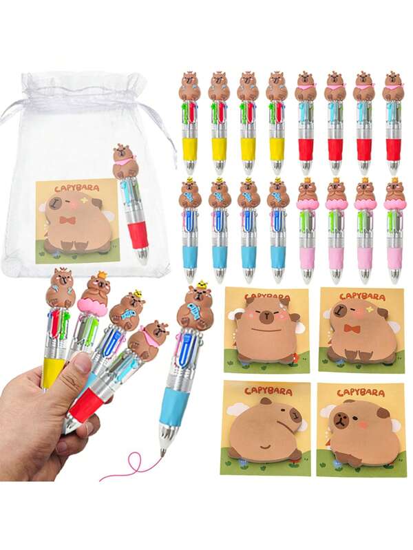 6/12/24/30 pièces Stylos Capybara en vrac, stylo bille multicolore 4 en 1 avec de mignonnes notes autocollantes. Blocs-notes à mémo dessin animé Capybara pour anniversaires, cadeaux, prix, faveurs de fête (aléatoire)