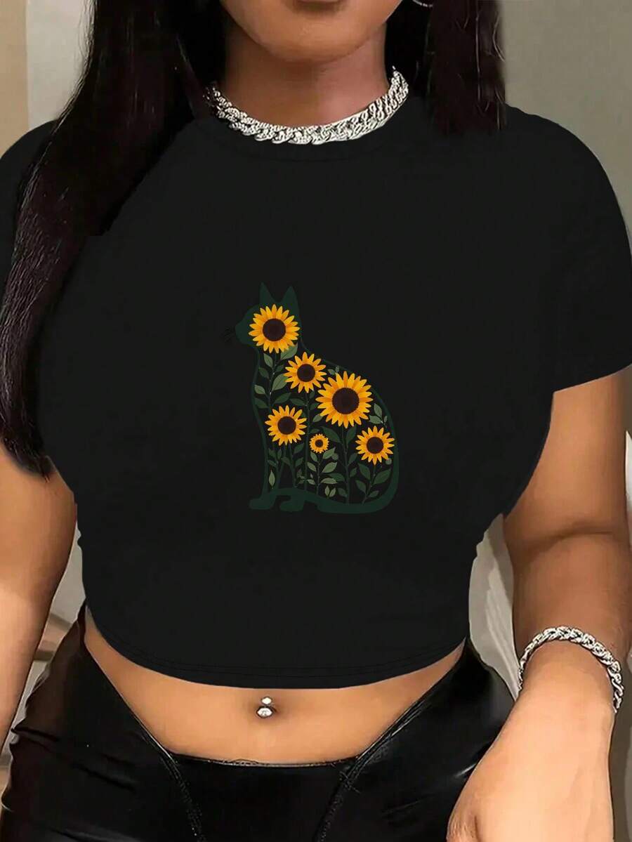 Sunflowers Cat With Sunflower Design Women's Fashion Short T-Shirt - Black - View 1