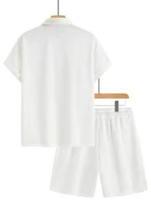 Conjunto informal de 2 piezas de hombre con polo de cuello de collar de tejido jacquard de manga corta + pantalones cortos con cordón