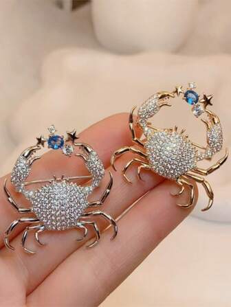 1 Pc Fashion Unique Creative Crab Design Crystal Embellished Elegant Brooch Pin, Luxury Decoration Accessory