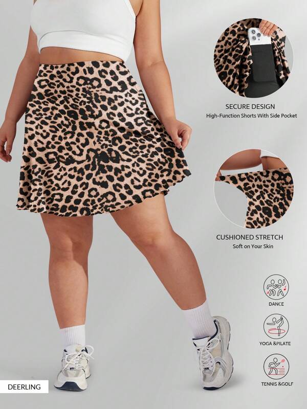 Damen Große Größen Tennis Rock - Kaffee Leopard Muster plissierter Sportrock mit Taschen, hochtailliger Golf Rock für Workout