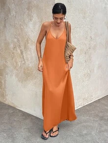 Vestido de tirantes de mujer Doriss con cuentas y espalda descubierta, color liso para vacaciones