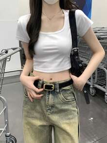 短款法式方领T恤，女士夏季短袖棉质上衣，美式风格