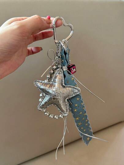 Pingente de bolsa retrô, doce, azul, plissado, prateado, estrela, pingente de bolsa escolar em forma de cachorrinho, estrela quadrada azul, decoração de chaveiro, adequado para sair, viajar, praia, pingentes de bolsa, corrente de bolsa, pingentes de bolsa, chaveiro de decoração de bolsa, acessórios de bolsa, adequado para bolsas femininas, bolsas femininas, mochilas, bolsas escolares de estudante, chaveiros, chaveiros de carro, podem ser usados como presentes de aniversário, presentes de Dia dos Namorados, presentes de feriado