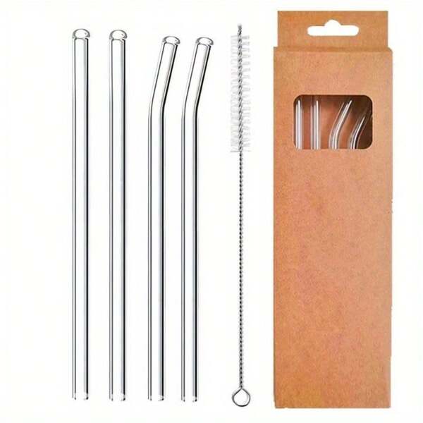 5 Peças de Canudos de Vidro Reutilizáveis, 8mm, Retos e Curvados, Canudos de Vidro para Bebidas, Leite, Café