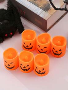 6个万圣节南瓜脸蜡烛灯，无焰茶蜡，迷你恐怖派对道具，南瓜造型灯，逼真闪烁LED蜡烛，电池供电LED茶蜡，小南瓜灯，无焰无滴塑料蜡烛，适用于家居派对装饰、桌面装饰、夜灯、化装舞会、秋季装饰、亡灵节蜡烛装饰