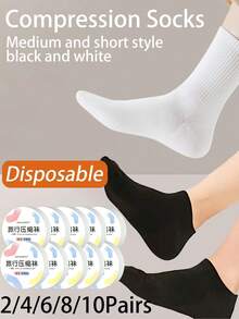 1/4 Pairs White/Black Disposable Socks Travel Business Breathable Compression Medium And Short Portable Socks,Disposable Athletic Socks Travel Essentials School Back To School School Supplies Holiday Camping Holiday Essentials Vacation Accessories Mini Summer Travel Accessories - Multicolor - View 1