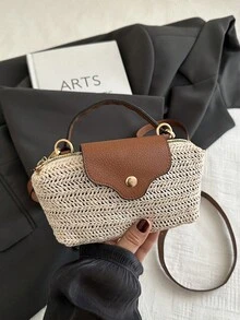 Nuevo bolso cuadrado mini de paja tejida, bolso con solapa de estilo exclusivo de playa, bolso cuadrado pequeño multifuncional de hombro/bandolera, adecuado para mujeres, se puede usar para calle, fiesta, hogar, ocasiones de primavera/verano. - Beis - Ver 8