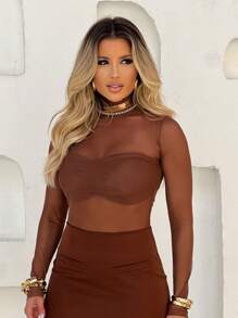 Blusa Tule Manga Longa Transparente Gola Redonda Segunda Pele