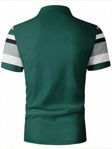 Men's Casual Stripe 3D Printed Golf Shirt, Short Sleeve Button Neck Knitwear, Regular Version Polyester Fiber Polo Shirt, Suitable For Spring, Summer And Autumn - Fabric Weight 180 G/M2 - Xanh ngọc lục bảo - Xem 2