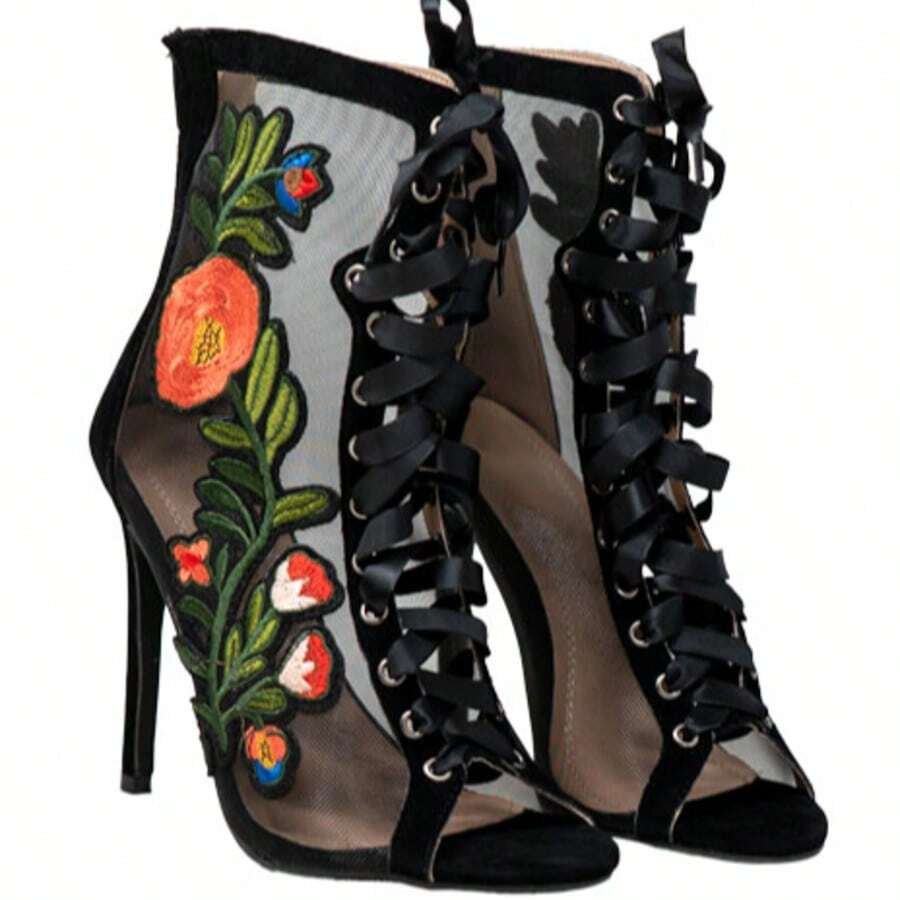 Women's Embroidered Mesh Lace-Up Stiletto Booties - Peep Toe High Heel Ankle Boots For Party And Evening Wear - màu đen - Xem 1