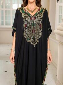 Bohemian Black Embroidery Kaftan 2025 Summer Plus Size Batwing Sleeves House Dress Vacation Outfits