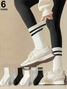 6 pares de meias altas femininas, meias esportivas finas, de cor sólida e longas, adequadas para primavera, verão e outono