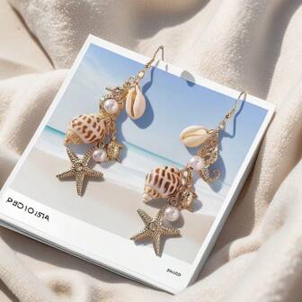 1 paire de boucles d'oreilles à gland avec chaîne de perles, thème océanique coquillages naturels et étoiles de mer, style bohème pour femmes, port de plage et décontracté. Remarque : les coquillages et coquilles naturels peuvent présenter de légères variations de taille, de forme et de couleur