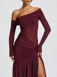 优雅性感不对称肩部网眼派对长袖连衣裙、万圣节派对超长连衣裙、圣诞派对礼服