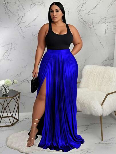 Falda plisada con abertura lateral de unicolor metálico para mujer de talla grande, sexy y con estilo