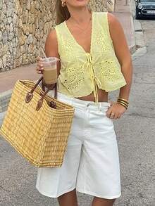 Women Y2k Tie Front Eyelet Vest Top Sleeveless V Neck Floral Embroidered Tank Tops Loose Fit Cardigan Boho Flowy Peplum Shirt Summer Going Out Tops Beach Vacation Wear - Yellow - View 3