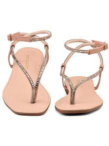 BERALLUTY WOMEN'S FLAT SANDAL WITH STRASS AND GLITTER, COMFORTABLE - 乾枯玫瑰色 - 查看 2