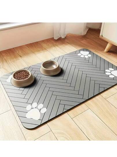 1 Piece Quick-Drying Pet Feeding Mat - Splash-Proof, Absorbent, Easy To Clean, Suitable For Dogs And Cats, Herringbone Pattern With Paw Design, Black, Washable Pet Feeding Mat