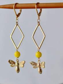 2pcs Stylish Bee Rhombus Design Metal Golden Color Pendant Earrings For Women, Suitable For Garden Party, Outings, Daily Wear