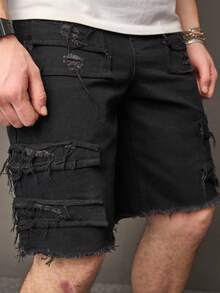 Men's Washed Blue Skinny Fit Stretch Cropped Jeans With Rips, Classic Blue Denim Casual Shorts For Men - Black - View 2