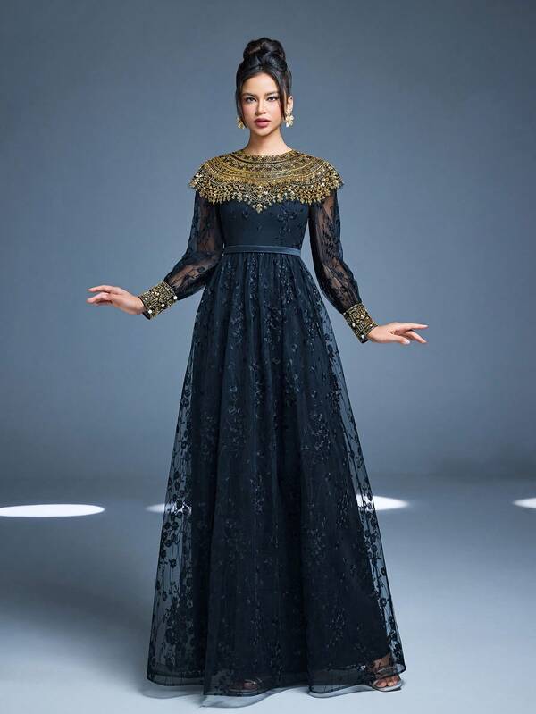Anpoket New Arrival Round Neck Fancy Evening Gown Dress Embroidery Embroidered Pearl Collar Flower Long Dress