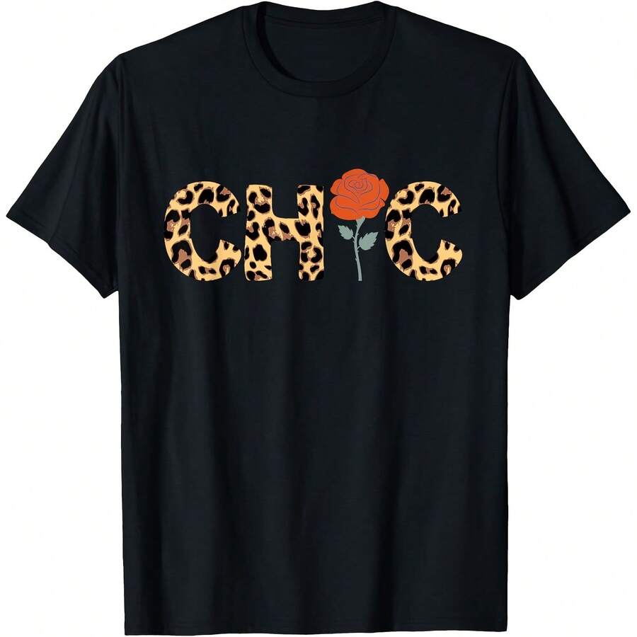 Animal Letters Red Rose Chic,Chic Writing, Leopard Rose Chic T-Shirt220g High-Quality Pure Cotton T-Shirt With Minimalist Printing, Soft And Breathable Fabric, Comfortable And Loose, Suitable For All Day Wear, Suitable For Office Casual Wear, Spring And Summer Daily Appearance, Elegant And Youthful Design - Black - View 1