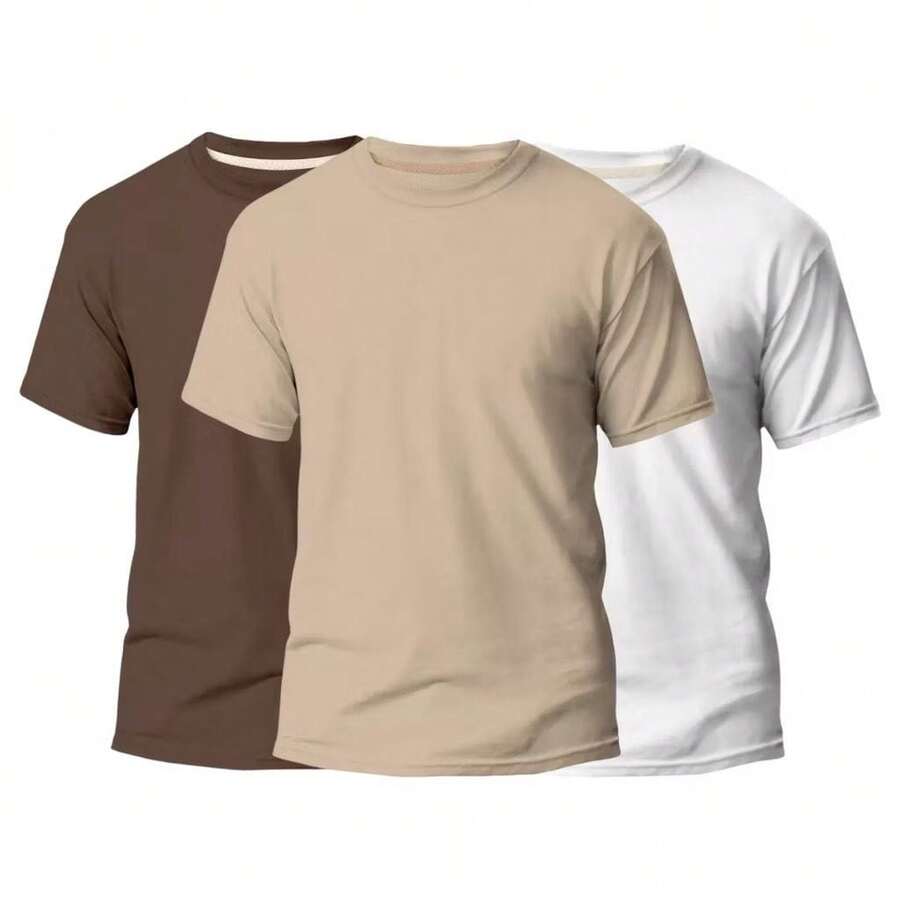 KIT 3 Basic Plain Men's T-Shirts 100% Cotton 30.1 - Brown + Beige + White - View 1