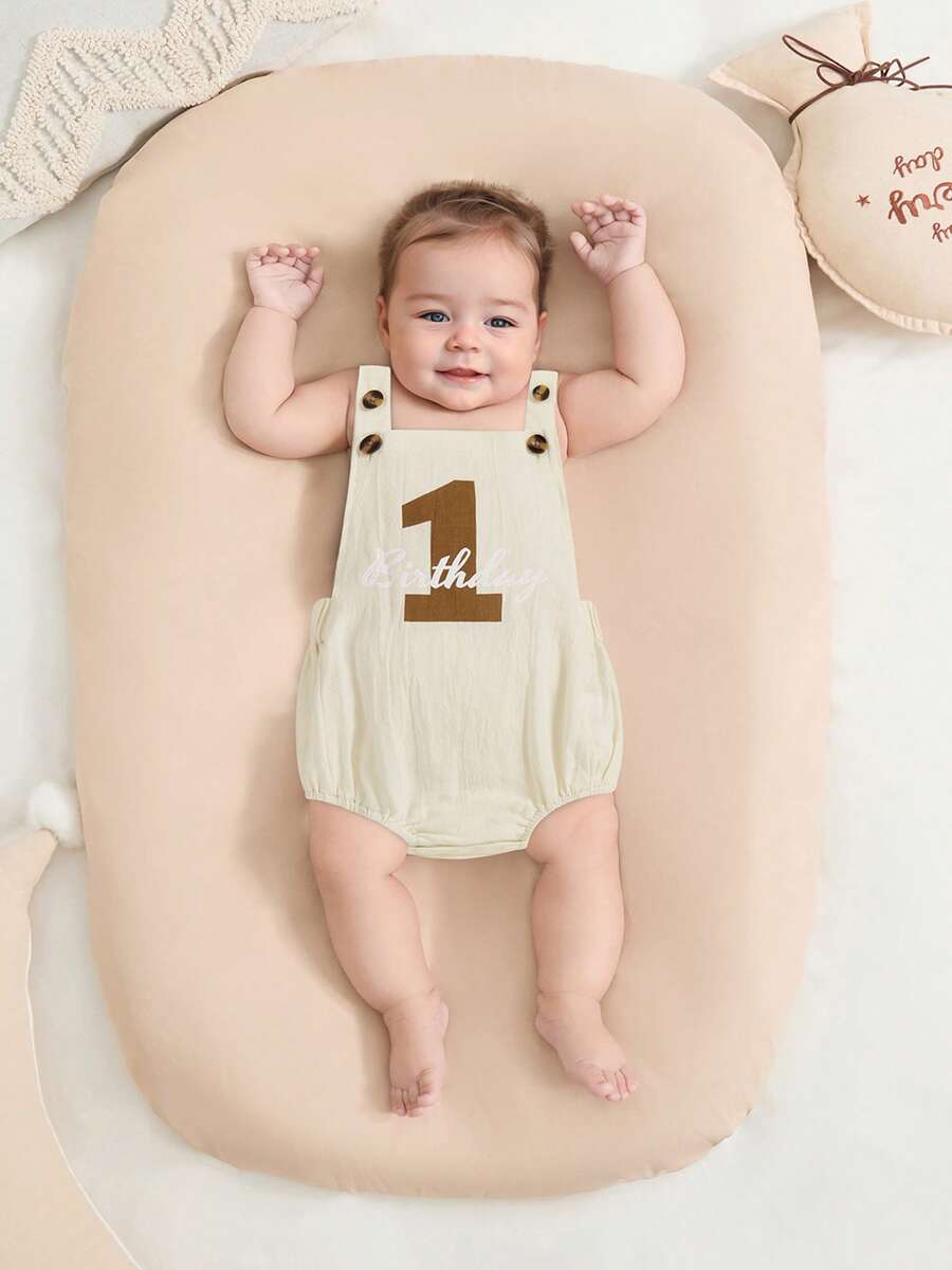 Baby Boy Girl 1st Birthday Outfit One Sleeveless Overall Romper Bodysuit First Birthday Gift Cake Smash Photo Shoot - Màu be - Xem 1