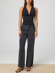 Women Y2K Floral Print/Solid Color Cowl Neck Halter Tops  Sleeveless Backless Halterneck Tops Plunge Neck Fit Slim Back Tie Up Tops Summer Teen Girls Going Out Tops Aesthetic Clothes Club Streetwear - Black - View 4