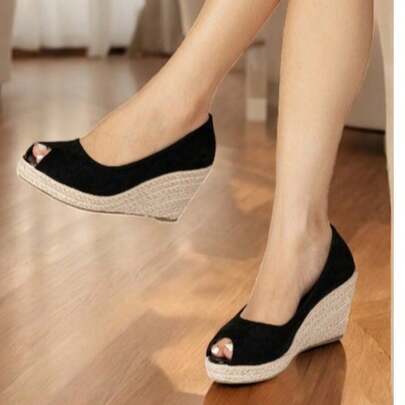 Sandália Feminina preto Salto Anabela Salto Alto Tamanco Casual com fivela