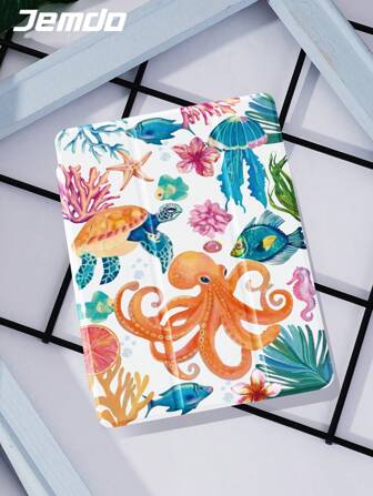 1 件海洋元素、章鱼、海藻、花卉印花平板电脑保护壳，适用于 Apple iPad 10.2 英寸、iPad Pro 2021/2020、iPad 第 9/10 代、iPad 11 英寸 2025、Galaxy Tab A8 10.5 英寸 2、华为 Matepad Ab、小米、防摔、铅笔槽、睡眠/唤醒支持